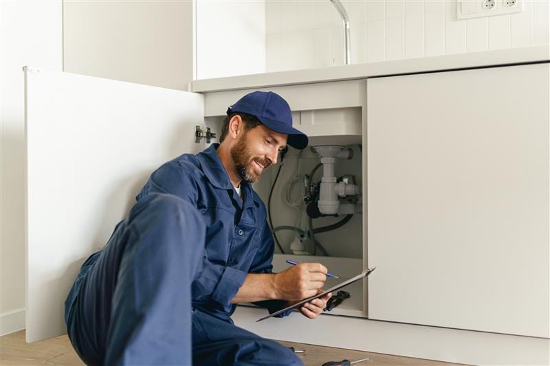 Residential plumber reviewing plumbing repairs in a Pembroke Pines kitchen